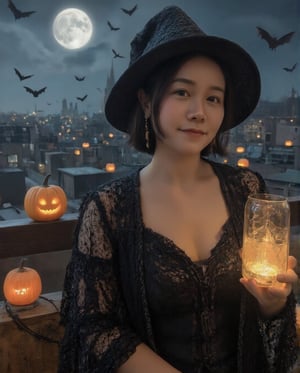 Masterpiece, 8k, HDR, 3D, best quality, Realistic, cinematic art.

1girl, solo, (peipeiL, at the age of 20), realistic, short dark hair, looking at viewer, smiling warmly, sitting, wearing a witch hat and a slightly open witch cloak that hints at her voluptuous chest, giving a subtle emphasis on her fuller bust despite the cloak. She holds a glowing Halloween pumpkin lantern. Set on a rooftop under a midnight sky, with a bright full moon, bats flying, and magical jack-o-lanterns floating around. The deep night sky creates a mysterious, enchanting Halloween mood.