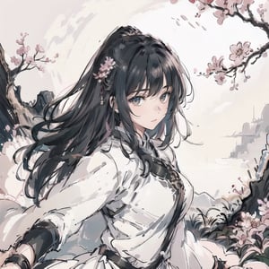 Natural Light, (Best Quality, highly detailed, Masterpiece), ((wide shot)), 
(beautiful and detailed eyes), (realistic detailed skin texture), (detailed hair), (full-length shot), ((expression Concentration)), ((fighting stance)), 1girl, impeccably detailed face, cute, A china female is standing in front of a tree with pink flowers and white background, wearing a mixture of leather armor and cloth clothing, with black hair. pay attention to details like clothing texture, sword behind, (clean outline), (sketch style line art), ink background,ink splash,