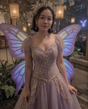 Masterpiece, 8k, HDR, 3D, best quality, photography, analog style, real life, extremely beautiful, highly detailed, intricately detailed, alluring eyes.

An enchanting Asian woman (peipeiL) with short dark hair, voluptuous curves, and a slim waist stands in a magical twilight garden. She wears an ethereal, flowing gown adorned with delicate butterfly patterns, the fabric shimmering in hues of lavender, gold, and midnight blue. Iridescent butterfly wings extend from her back, softly glowing. Delicate butterfly accessories decorate her hair, and her radiant smile exudes grace and confidence. Around her, glowing lanterns and bioluminescent plants enhance the otherworldly beauty of this butterfly princess.