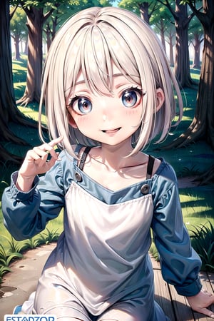 best quality, masterpiece, beautiful and aesthetic, vibrant color, Exquisite details and textures,  Warm tone, ultra realistic illustration,	(cute European girl, 6year old:1.5),	(Forest theme:1.4),	cute eyes, big eyes,	(a beautiful smile:1.5),	16K, (HDR:1.4), high contrast, bokeh:1.2, lens flare,	siena natural ratio, children's body, anime style, 	half body view,	long length layered bob cut,	a cute silk dress,	ultra hd, realistic, vivid colors, highly detailed, UHD drawing, perfect composition, beautiful detailed intricate insanely detailed octane render trending on artstation, 8k artistic photography, photorealistic concept art, soft natural volumetric cinematic perfect light. 