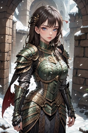 Beautiful 27 year old woman, (brown eyes), ((strong physique body)), (black hair), long_hair: 1.3, , bangs, (serious look), hourglass body shape, detailed eyes, normal breasts quality, slim waist, (strong physique), upper body , gauntlets, (detailed armor), lower body armor, black cape, broken stone floor, broken stone wall, snow falling, ((full-body_portrait)), (evil aura around her), Commander of knights,dragon armor