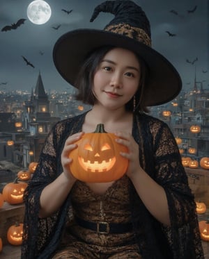 Masterpiece, 8k, HDR, 3D, best quality, Realistic, cinematic art.

1girl, solo, (peipeiL, at the age of 20), realistic, short dark hair, looking at viewer, smiling warmly, sitting, wearing a witch hat and a slightly open witch cloak that hints at her voluptuous chest, giving a subtle emphasis on her fuller bust despite the cloak. She holds a glowing Halloween pumpkin lantern. Set on a rooftop under a midnight sky, with a bright full moon, bats flying, and magical jack-o-lanterns floating around. The deep night sky creates a mysterious, enchanting Halloween mood.