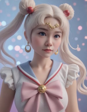 (Beautiful Japanese style figure diorama). Digital art photograph of Sailor Moon, rendered in 3D style with exquisite detail. The character's face is centered, gazing slightly to the left while capturing a serene yet determined expression. Her large, expressive blue eyes are accentuated by long eyelashes and framed by a pale pink blush on her pale skin. Her (peipeiL) lips are slightly parted, revealing a subtle sheen. Her flowing pale blonde hair is styled into twin buns, with delicate strands framing her face and cascading down her back. A golden crescent-shaped headpiece adorns her forehead, featuring an intricate design with star-like elements on either side of the central moon symbol. Large circular earrings with moon-shaped pendants complement her outfit. Her outfit is a white sailor suit with shiny reflections and crimson accents, partially visible from under her cloak. A prominent pink ribbon adorns her chest. The background features a dreamy bokeh effect using a variety of colors, including blue, pink, purple and white, reminiscent of lights and stars, creating a cosmic atmosphere. The lighting is soft and diffuse, coming from the front left, casting gentle shadows and creating an ethereal glow around the hair and face while highlighting the character's facial features and accessories. ,VNS_Add details,cool_Anime,Resin Figure,masterpiece