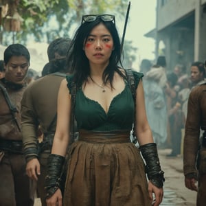  A cinematic hyper-realistic picture of a young women with black hair blue eyes and her face with red war paint, wearing a dark green leather hide tunic and a brown leather skirt, medieval clothing, her body spinning a sword around in combat with rage and anger, standing in a battlefield of orcs and trolls, a photographic masterpiece of cinematography 