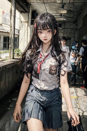 Clara, 17yo, Indonesian, long hair, talking with Rian, boy,18yo, short hair, messy hair, walking in the school field, dynamic lighting, very detailed faces, 4k, ,wearing indonesian high school uniform, 