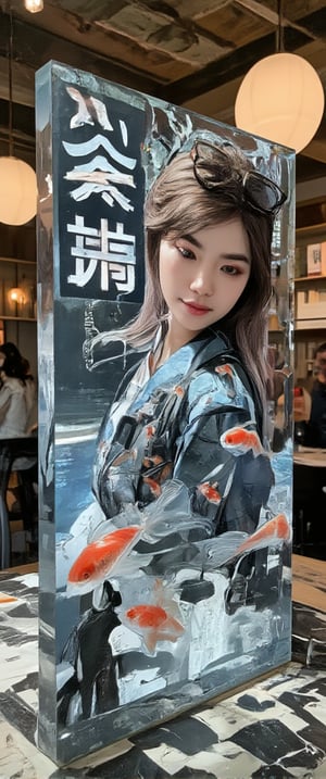 Photo, realistic, light refraction, ultra beautiful woman full body (( quarter profile acrylic with goldfish and yì jì illustration embedded in desk)),  llngsh AND 1920s yì jì, face, brunette, héfú goldfish look like they are swimming in Chinese letter panterns that spell ni hao, deep blue and light blue gradation, very beautiful, cool feeling piece,  