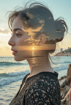 High quality, 8K Ultra HD, a beautiful double exposure that combines a goddess silhouette with the sunset coast, blue eyes, the sunset coast should serve as the underlying backdrop, with its details incorporated into the goddess, sharp lines, the background is monochrome, sharp focus, double exposure, impressive in full color,