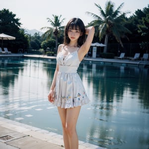Full body photo of a girl standing near a swimming pool, raising both hands, tying hair, hands up, strong wind, showing armpits, hot body, perfect body, white sundress, summer dress, no bra, short dress, collarbone, cleavage, big breast, natural skin, 8k uhd, high quality, film grain, Fujifilm XT3, long straight hair, black hair, bangs, 20 years old girls, barefoot, depth of field, 