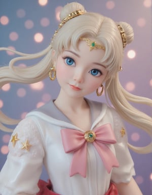 (Beautiful Japanese style figure diorama). Digital art photograph of Sailor Moon, rendered in 3D style with exquisite detail. The character's face is centered, gazing slightly to the left while capturing a serene yet determined expression. Her large, expressive blue eyes are accentuated by long eyelashes and framed by a pale pink blush on her pale skin. Her (peipeiL) lips are slightly parted, revealing a subtle sheen. Her flowing pale blonde hair is styled into twin buns, with delicate strands framing her face and cascading down her back. A golden crescent-shaped headpiece adorns her forehead, featuring an intricate design with star-like elements on either side of the central moon symbol. Large circular earrings with moon-shaped pendants complement her outfit. Her outfit is a white sailor suit with shiny reflections and crimson accents, partially visible from under her cloak. A prominent pink ribbon adorns her chest. The background features a dreamy bokeh effect using a variety of colors, including blue, pink, purple and white, reminiscent of lights and stars, creating a cosmic atmosphere. The lighting is soft and diffuse, coming from the front left, casting gentle shadows and creating an ethereal glow around the hair and face while highlighting the character's facial features and accessories. ,VNS_Add details,cool_Anime,Resin Figure,masterpiece