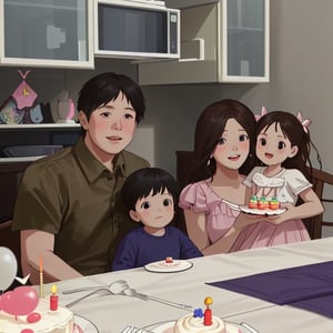 A family, the father and his little son are on the left, the mother is holding her daughter on the right, the father and mother are both young, and the mother is very beautiful, celebrate birthday, There is a birthday cake on the table, Background with ribbons and balloons to celebrate birthday
