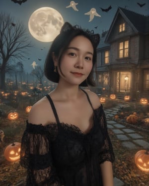 Masterpiece, 8k, HDR, 3D, best quality, photography, analog style, real life, extremely beautiful, highly detailed, intricately detailed, alluring eyes.

A voluptuous Asian woman (peipeiL) with short black hair, smiling warmly, dominates the scene, filling 2/5 of the image. She's dressed in an adorable black cat-themed costume with cute ears and a swaying tail. The night sky behind her is lit by a glowing full moon, surrounded by floating ghostly figures. Jack-o'-lanterns flicker near a haunted house, and bats fly overhead, creating a whimsical yet spooky Halloween atmosphere.,DarkHalloween