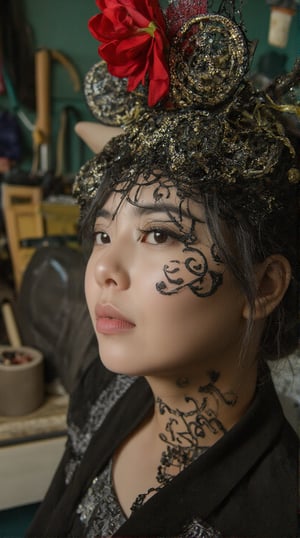 A strikingly close up portrait of a beautiful young european woman is adorned with large,  hazel eyes, slate grey horns with gold ornements that sweep majestically from her head, contrasting with her flawless, porcelain skin with intricate face tattoos. Her pointy ears add a mystical touch to her appearance, intricate black lace headdress,featuring circular floral patterns interwoven with red chrisanthemum. Her face is bold with dark dramatic, black eyeshadow, intricate embroidery black detailled makeup, black lips, highlighting her sharp features and giving her an intense, enchanting aura. She is wearing dark embroidery Gothic clothes. The scene is set in a magical, softly lit workshop filled with vibrant fabrics and mystical tools, reflecting her powerful and otherworldly presence. Bokeh, Rust  teal background,anime art of girl/woman