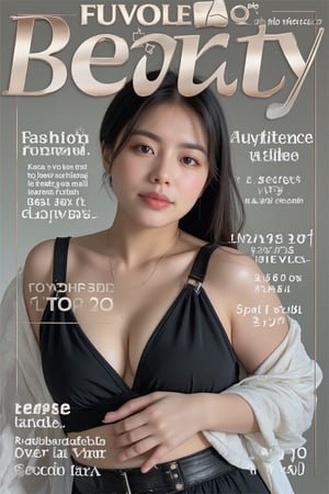 A high-fashion magazine cover featuring a close-up, upper-body shot of a beautiful Japanese female model with an enhanced bust size, confidently posing with elegance. Her sharp yet graceful facial features are highlighted, and she wears a stylish, modern outfit that accentuates her figure while maintaining a sophisticated and polished look. The background is a neutral gray with professional, magazine-quality lighting that enhances her photorealistic skin texture.

Across the cover, bold and stylish magazine text is displayed, including the title in elegant font: **"FuturEvoLab Beauty"** at the top. Other headlines include:
- **"Fashion Forward: The Future of Elegance"**
- **"Secrets to Confidence and Style"**
- **"Model of the Year: Embracing Allure and Power"**

The overall composition combines high-end fashion photography with captivating headlines that frame the model’s pose, drawing attention to her beauty and presence. The cover reflects sophistication, confidence, and modern fashion, with the FuturEvoLabBeautify aesthetic enhancing the visual impact.