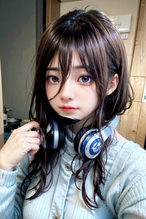 ((masterpiece, 8k, RAW, ultra realistic)), miku nakano, enjoying breakfast before school, long hair, bangs, blue eyes, brown hair, shirt, hair between eyes, shy smile, headphones, blue cardigan, white shirt, GREEN SKIRT, headphones around neck,
,MIKU NAKANO