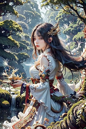 (masterpiece, top quality, best quality, official art, beautiful and aesthetic:1.2), (1girl),  "a girl with long hair watching a flying dragon", 1dragon, moss dragon dissolving into particles, forest, extreme detailed,(fractal art:1.3),highest detailed,DragonConfetti2024