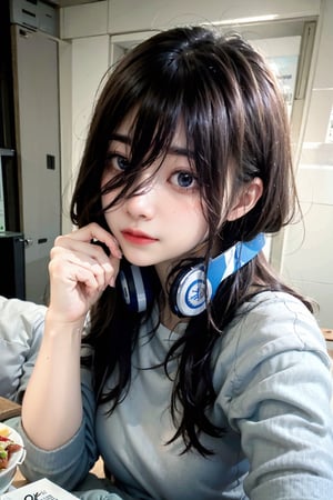 ((masterpiece, 8k, RAW, ultra realistic)), miku nakano, enjoying breakfast before school, long hair, bangs, blue eyes, brown hair, shirt, hair between eyes, shy smile, headphones, blue cardigan, white shirt, GREEN SKIRT, headphones around neck,
,MIKU NAKANO