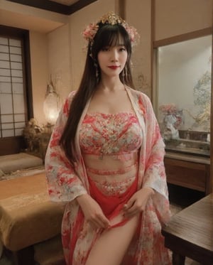 Masterpiece, 8k, HDR, 3D, best quality, photography, analog style, real life, extremely beautiful, highly detailed, intricately detailed, alluring eyes.

In the center of the image is a breathtaking Asian woman (olivia0508) with long black hair and a voluptuous figure, highlighting a full chest and an impressively narrow waist with subtle abs. She is dressed in an exquisite, form-revealing oiran kimono, accentuating her curves and waistline. Set in a traditional washitsu (Japanese-style room), the lighting emphasizes her toned midsection, casting delicate shadows along her slender yet muscular waist. The intricate kimono drapes gracefully off one shoulder, further showcasing her elegant, poised form in the serene, artistically detailed atmosphere.,Japanese art,Japan Costume