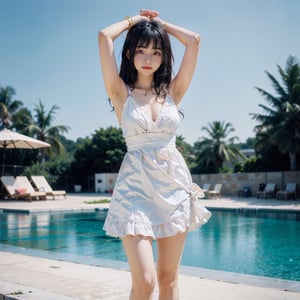 Full body photo of a girl standing near a swimming pool, raising both hands, tying hair, hands up, strong wind, showing armpits, hot body, perfect body, white sundress, summer dress, no bra, short dress, collarbone, cleavage, big breast, natural skin, 8k uhd, high quality, film grain, Fujifilm XT3, long straight hair, black hair, bangs, 20 years old girls, barefoot, depth of field, 
