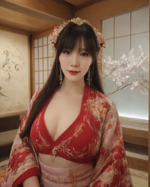 Masterpiece, 8k, HDR, 3D, best quality, photography, analog style, real life, extremely beautiful, highly detailed, intricately detailed, alluring eyes.

In the center of the image is a breathtaking Asian woman (olivia0508) with long black hair and a voluptuous figure, highlighting a full chest and an impressively narrow waist with subtle abs. She is dressed in an exquisite, form-revealing oiran kimono, accentuating her curves and waistline. Set in a traditional washitsu (Japanese-style room), the lighting emphasizes her toned midsection, casting delicate shadows along her slender yet muscular waist. The intricate kimono drapes gracefully off one shoulder, further showcasing her elegant, poised form in the serene, artistically detailed atmosphere.,Japanese art,Japan Costume