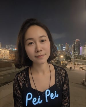 1girl, solo, (peipeiL, at the age of 20) with short dark hair, smiling, wearing an elegant black lace dress. She is adorned with a delicate necklace and matching earrings that shimmer under the city lights. Across her chest, glowing blue letters spell out 'PeiPei' in a light-up font, adding a unique and stylish touch. The backdrop is a stunning, enchanting Taipei nightscape. The sky is dark, with a few colorful city lights twinkling in the distance, reflecting the vibrant energy of the city. The scene is realistic, with a soft, warm glow highlighting PeipeiL's figure as she stands out against the alluring urban landscape. street,night,sky,realistic