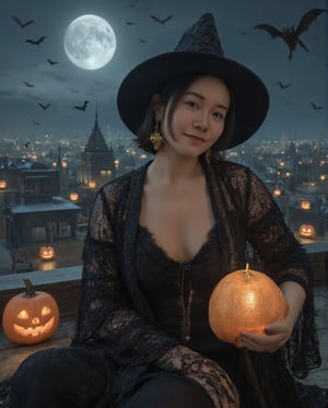 Masterpiece, 8k, HDR, 3D, best quality, Realistic, cinematic art.

1girl, solo, (peipeiL, at the age of 20), realistic, short dark hair, looking at viewer, smiling warmly, sitting, wearing a witch hat and a slightly open witch cloak that hints at her voluptuous chest, giving a subtle emphasis on her fuller bust despite the cloak. She holds a glowing Halloween pumpkin lantern. Set on a rooftop under a midnight sky, with a bright full moon, bats flying, and magical jack-o-lanterns floating around. The deep night sky creates a mysterious, enchanting Halloween mood.