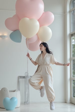 A photorealistic 8k RAW photo of a full-body stunning East Asian woman with a sleek, elegant face and porcelain skin. She has long, silky black hair styled in soft waves, and she wears trendy, high-fashion attire, including a stylish, fitted jumpsuit in light pastel colors with matching modern sneakers. Her expression is confident and graceful. She is flying in the air while holding a large bunch of pastel-colored heart-shaped balloons in soft shades of pink, white, and blue. The image captures her dynamic pose mid-flight, with natural lighting highlighting the textures of her clothes and the soft glow of the balloons. Ultra-detailed with high-resolution clarity, the whimsical atmosphere is enhanced by a focused composition that emphasizes her stylish outfit and the dreamy, colorful balloons.