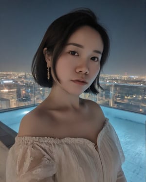 Masterpiece, 8k, HDR, 3D, best quality, photography, analog style, real life, extremely beautiful, highly detailed, intricately detailed, alluring eyes.

A stunning Asian woman (peipeiL) with short hair and a voluptuous figure stands at a rooftop infinity pool at night. She is wearing an elegant off-shoulder sundress, with light, flowy fabric that gently sways in the night breeze. The dress, adorned with delicate floral patterns, adds an air of purity and charm. The soft city lights in the background create a serene and dreamy atmosphere, complementing her graceful pose.