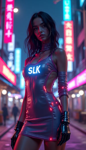 A neon-drenched metropolis pulses to life as a vibrant cyborg young android woman strolls through the bustling streets, her innocent expression shining like the city's radiant lights. The 'SLK' display on her chest glows softly amidst the towering skyscrapers. She wears a shimmering, high-tech dress with electric panels and wires that accentuate her toned physique, its reflective fabrics dancing in harmony with the kaleidoscope of colors illuminating the cityscape.