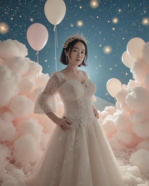 Masterpiece, 8k, HDR, 3D, best quality, photography, analog style, real life, extremely beautiful, highly detailed, intricately detailed, alluring eyes.

A stunning Asian woman (peipeiL) with short dark hair and a voluptuous figure, her perfect hourglass silhouette highlighted with a full chest and slim waist, stands in a fantasy wedding scene. She wears an exquisite gown that accentuates her curves, with delicate lace and sheer flowing layers. Surrounding her are soft, fluffy clouds, pastel-colored balloons, and twinkling stars scattered across a glowing night sky. The atmosphere is dreamy and enchanting, capturing the perfect balance of elegance and whimsy.