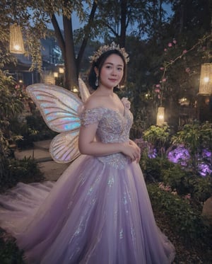 Masterpiece, 8k, HDR, 3D, best quality, photography, analog style, real life, extremely beautiful, highly detailed, intricately detailed, alluring eyes.

An enchanting Asian woman (peipeiL) with short dark hair, voluptuous curves, and a slim waist stands in a magical twilight garden. She wears an ethereal, flowing gown adorned with delicate butterfly patterns, the fabric shimmering in hues of lavender, gold, and midnight blue. Iridescent butterfly wings extend from her back, softly glowing. Delicate butterfly accessories decorate her hair, and her radiant smile exudes grace and confidence. Around her, glowing lanterns and bioluminescent plants enhance the otherworldly beauty of this butterfly princess.