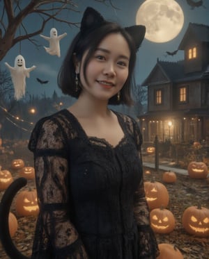 Masterpiece, 8k, HDR, 3D, best quality, photography, analog style, real life, extremely beautiful, highly detailed, intricately detailed, alluring eyes.

A voluptuous Asian woman (peipeiL) with short black hair, smiling warmly, dominates the scene, filling 2/5 of the image. She's dressed in an adorable black cat-themed costume with cute ears and a swaying tail. The night sky behind her is lit by a glowing full moon, surrounded by floating ghostly figures. Jack-o'-lanterns flicker near a haunted house, and bats fly overhead, creating a whimsical yet spooky Halloween atmosphere.,DarkHalloween