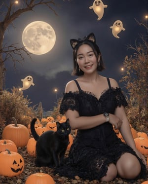 Masterpiece, 8k, HDR, 3D, best quality, photography, analog style, real life, extremely beautiful, highly detailed, intricately detailed, alluring eyes.

A cute Halloween scene featuring a voluptuous Asian woman (peipeiL) with short black hair and a slim waist, smiling warmly. She is dressed in a magical black cat-themed costume with adorable cat ears, a fluffy tail, and fur accents. Her smile adds to the playful charm. A magical black cat rubs against her, glowing softly. The deep night sky, illuminated by a full moon, is adorned with floating lanterns and cute, floating Halloween ghosts, enhancing the whimsical atmosphere.