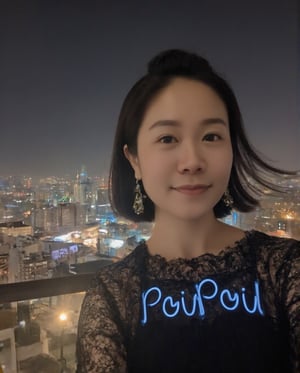 1girl, solo, (peipeiL, at the age of 20) with short dark hair, smiling, wearing an elegant black lace dress. She is adorned with a delicate necklace and matching earrings that shimmer under the city lights. Across her chest, glowing blue letters spell out 'PeiPei' in a light-up font, adding a unique and stylish touch. The backdrop is a stunning, enchanting Taipei nightscape. The sky is dark, with a few colorful city lights twinkling in the distance, reflecting the vibrant energy of the city. The scene is realistic, with a soft, warm glow highlighting PeipeiL's figure as she stands out against the alluring urban landscape. street,night,sky,realistic