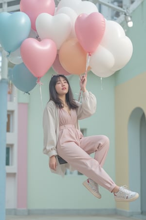 A photorealistic 8k RAW photo of a full-body stunning East Asian woman with a sleek, elegant face and porcelain skin. She has long, silky black hair styled in soft waves, and she wears trendy, high-fashion attire, including a stylish, fitted jumpsuit in light pastel colors with matching modern sneakers. Her expression is confident and graceful. She is flying in the air while holding a large bunch of pastel-colored heart-shaped balloons in soft shades of pink, white, and blue. The image captures her dynamic pose mid-flight, with natural lighting highlighting the textures of her clothes and the soft glow of the balloons. Ultra-detailed with high-resolution clarity, the whimsical atmosphere is enhanced by a focused composition that emphasizes her stylish outfit and the dreamy, colorful balloons.