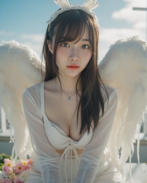 Masterpiece, 8k, HDR, 3D, best quality, photography, analog style, real life, extremely beautiful, highly detailed, intricately detailed, alluring eyes.

The Divine Maiden (1girl) sits gracefully on a billowing cloud, with long dark hair and a soft, serene smile. Her radiant blue eyes sparkle with ethereal wisdom. A delicate, transparent veil adorned with shimmering crystals flutters gently as sunlight filters through her magnificent angel wings. Above her head, a glowing halo enhances her celestial presence, while subtle light and shadow behind her form the shape of a cross, adding a spiritual depth to the scene. Beneath her, a vibrant floral meadow exudes tranquility and love.