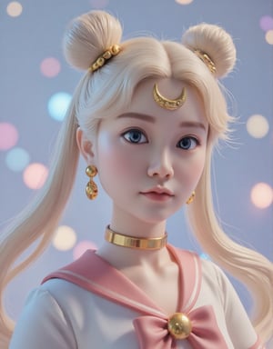 (Beautiful Japanese style figure diorama). Digital art photograph of Sailor Moon, rendered in 3D style with exquisite detail. The character's face is centered, gazing slightly to the left while capturing a serene yet determined expression. Her large, expressive blue eyes are accentuated by long eyelashes and framed by a pale pink blush on her pale skin. Her (peipeiL) lips are slightly parted, revealing a subtle sheen. Her flowing pale blonde hair is styled into twin buns, with delicate strands framing her face and cascading down her back. A golden crescent-shaped headpiece adorns her forehead, featuring an intricate design with star-like elements on either side of the central moon symbol. Large circular earrings with moon-shaped pendants complement her outfit. Her outfit is a white sailor suit with shiny reflections and crimson accents, partially visible from under her cloak. A prominent pink ribbon adorns her chest. The background features a dreamy bokeh effect using a variety of colors, including blue, pink, purple and white, reminiscent of lights and stars, creating a cosmic atmosphere. The lighting is soft and diffuse, coming from the front left, casting gentle shadows and creating an ethereal glow around the hair and face while highlighting the character's facial features and accessories. ,VNS_Add details,cool_Anime,Resin Figure,masterpiece