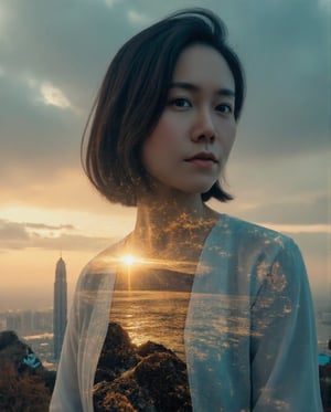 High quality, 8K Ultra HD, a mesmerizing double exposure featuring the silhouette of PeipeiL as a goddess. She has short dark hair and piercing blue eyes, her elegant form illuminated by the vibrant image of a sunset coastline. The coastline, with its golden sunset, soft waves, and distant horizon, is intricately woven into her silhouette, creating a striking fusion of natural beauty and divine grace. Sharp lines define her figure, providing a clear distinction between the vivid coast within and the world around her.

The background showcases the faint city lights of Taipei in the distance, softly glowing against the dusk. Taipei 101 stands tall, slightly blurred to focus attention on PeipeiL's radiant form, but still clearly recognizable as a symbol of the city. The gentle glow of the urban lights contrasts beautifully with the vivid sunset inside her, representing the harmony between nature and the bustling modern city. The double exposure effect, combined with sharp focus, creates an awe-inspiring, contemporary masterpiece, blending the natural and urban elements in perfect balance.,street