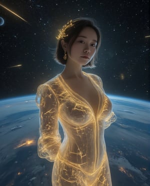 Masterpiece, 8k, HDR, 3D, best quality, Realistic, cinematic art.

An awe-inspiring Asian woman (peipeiL) with short dark hair, voluptuous figure, full chest, and a slim, tight waist. Her body, sculpted like glass, glows with a soft, ethereal light, adorned with golden, cracked kintsugi patterns tracing along her features, interwoven with neon tattoos forming geometric shapes that pulse with magical energy. She stands in the vastness of deep space, with Earth and distant stars in the background, and meteor showers streaking across the starry expanse, creating a scene of cosmic wonder.,Crystal Glass,Lighting Effect