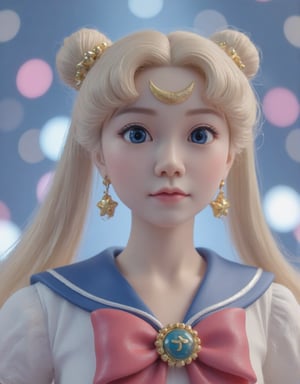 (Beautiful Japanese style figure diorama). Digital art photograph of Sailor Moon, rendered in 3D style with exquisite detail. The character's face is centered, gazing slightly to the left while capturing a serene yet determined expression. Her large, expressive blue eyes are accentuated by long eyelashes and framed by a pale pink blush on her pale skin. Her (peipeiL) lips are slightly parted, revealing a subtle sheen. Her flowing pale blonde hair is styled into twin buns, with delicate strands framing her face and cascading down her back. A golden crescent-shaped headpiece adorns her forehead, featuring an intricate design with star-like elements on either side of the central moon symbol. Large circular earrings with moon-shaped pendants complement her outfit. Her outfit is a white sailor suit with shiny reflections and crimson accents, partially visible from under her cloak. A prominent pink ribbon adorns her chest. The background features a dreamy bokeh effect using a variety of colors, including blue, pink, purple and white, reminiscent of lights and stars, creating a cosmic atmosphere. The lighting is soft and diffuse, coming from the front left, casting gentle shadows and creating an ethereal glow around the hair and face while highlighting the character's facial features and accessories. ,VNS_Add details,cool_Anime,Resin Figure,masterpiece