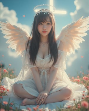 Masterpiece, 8k, HDR, 3D, best quality, photography, analog style, real life, extremely beautiful, highly detailed, intricately detailed, alluring eyes.

The Divine Maiden (1girl) sits gracefully on a billowing cloud, with long dark hair and a soft, serene smile. Her radiant blue eyes sparkle with ethereal wisdom. A delicate, transparent veil adorned with shimmering crystals flutters gently as sunlight filters through her magnificent angel wings. Above her head, a glowing halo enhances her celestial presence, while subtle light and shadow behind her form the shape of a cross, adding a spiritual depth to the scene. Beneath her, a vibrant floral meadow exudes tranquility and love.