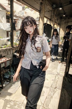 Clara, 17yo, Indonesian, long hair, talking with Rian, boy,18yo, short hair, messy hair, walking in the school field, dynamic lighting, very detailed faces, 4k, ,wearing indonesian high school uniform, 