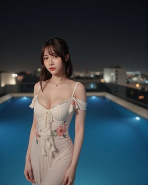 Masterpiece, 8k, HDR, 3D, best quality, photography, analog style, real life, extremely beautiful, highly detailed, intricately detailed, alluring eyes.

A stunning Asian woman (1girl) with short hair and a voluptuous figure stands at a rooftop infinity pool at night. She is wearing an elegant off-shoulder sundress, with light, flowy fabric that gently sways in the night breeze. The dress, adorned with delicate floral patterns, adds an air of purity and charm. The soft city lights in the background create a serene and dreamy atmosphere, complementing her graceful pose.