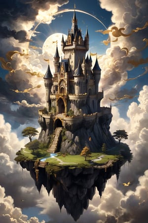 Floating castles,in the air,Castle cloud fusion,
 medieval European-style castle rests upon a floating island in the sky, constructed with ebony and adorned with lavish golden accents. The dark, opulent tones of the blackwood contrast magnificently with the gleaming gold embellishments, creating an ethereal and majestic spectacle. The architectural beauty of the castle is elevated by its celestial perch, making it a symbol of both strength and elegance suspended amidst the heavens.,island,itacstl,mythical clouds