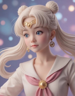 (Beautiful Japanese style figure diorama). Digital art photograph of Sailor Moon, rendered in 3D style with exquisite detail. The character's face is centered, gazing slightly to the left while capturing a serene yet determined expression. Her large, expressive blue eyes are accentuated by long eyelashes and framed by a pale pink blush on her pale skin. Her (peipeiL) lips are slightly parted, revealing a subtle sheen. Her flowing pale blonde hair is styled into twin buns, with delicate strands framing her face and cascading down her back. A golden crescent-shaped headpiece adorns her forehead, featuring an intricate design with star-like elements on either side of the central moon symbol. Large circular earrings with moon-shaped pendants complement her outfit. Her outfit is a white sailor suit with shiny reflections and crimson accents, partially visible from under her cloak. A prominent pink ribbon adorns her chest. The background features a dreamy bokeh effect using a variety of colors, including blue, pink, purple and white, reminiscent of lights and stars, creating a cosmic atmosphere. The lighting is soft and diffuse, coming from the front left, casting gentle shadows and creating an ethereal glow around the hair and face while highlighting the character's facial features and accessories. ,VNS_Add details,cool_Anime,Resin Figure,masterpiece