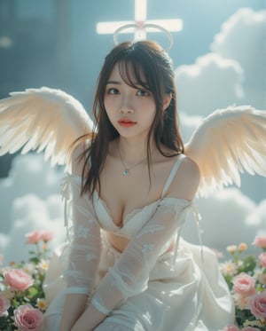 Masterpiece, 8k, HDR, 3D, best quality, photography, analog style, real life, extremely beautiful, highly detailed, intricately detailed, alluring eyes.

The Divine Maiden (1girl) sits gracefully on a billowing cloud, with long dark hair and a soft, serene smile. Her radiant blue eyes sparkle with ethereal wisdom. A delicate, transparent veil adorned with shimmering crystals flutters gently as sunlight filters through her magnificent angel wings. Above her head, a glowing halo enhances her celestial presence, while subtle light and shadow behind her form the shape of a cross, adding a spiritual depth to the scene. Beneath her, a vibrant floral meadow exudes tranquility and love.