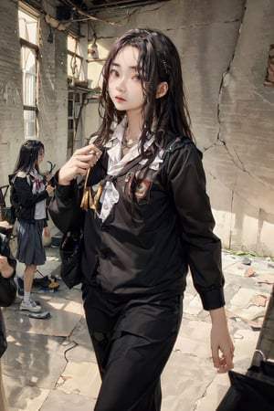 Clara, 17yo, Indonesian, long hair, talking with Rian, boy,18yo, short hair, messy hair, walking in the school field, dynamic lighting, very detailed faces, 4k, ,wearing indonesian high school uniform, 