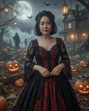 Masterpiece, 8k, HDR, 3D, best quality, photography, analog style, real life, extremely beautiful, highly detailed, intricately detailed, alluring eyes.

In the center of the image is a voluptuous Asian woman (peipeiL) with short black hair, her full chest and slender waist emphasized in a dark vampire princess gown of deep red and black lace, with elegant satin ribbons. She occupies 2/5 of the frame, smiling mysteriously. The background is a gothic, eerie landscape, with a full moon illuminating fog-covered trees, Jack-o'-lanterns, and ghostly figures. Spooky lanterns hang, casting soft light. In the distance, bats fly over an old haunted house, enhancing the dark, mystical atmosphere of the scene.,DarkHalloween