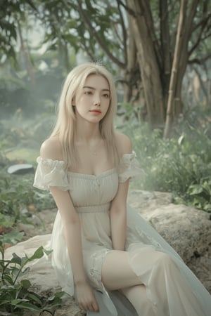 A tranquil landscape unfolds. A stately woman with lush blonde hair flowing down her back sits elegantly with her knees together in a mysterious forest, wearing a white flowing dress with puffed sleeves and a green random pattern print. A softly glowing mist obscures the surroundings. Her porcelain skin glows with a subtle blush, and freckles dance across her cheeks. Her charming smile radiates serenity and wonder. The composition is composed of delicate lines, perfectly blending into the misty atmosphere, all elements whispering serenity. Top quality, very detailed and delicate details description:1.2, ultra realistic photo.