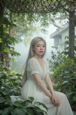 A tranquil landscape unfolds. A stately woman with lush blonde hair flowing down her back sits elegantly with her knees together in a mysterious forest, wearing a white flowing dress with puffed sleeves and a green random pattern print. A softly glowing mist obscures the surroundings. Her porcelain skin glows with a subtle blush, and freckles dance across her cheeks. Her charming smile radiates serenity and wonder. The composition is composed of delicate lines, perfectly blending into the misty atmosphere, all elements whispering serenity. Top quality, very detailed and delicate details description:1.2, ultra realistic photo.