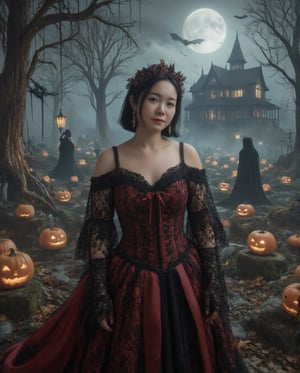 Masterpiece, 8k, HDR, 3D, best quality, photography, analog style, real life, extremely beautiful, highly detailed, intricately detailed, alluring eyes.

In the center of the image is a voluptuous Asian woman (peipeiL) with short black hair, her full chest and slender waist emphasized in a dark vampire princess gown of deep red and black lace, with elegant satin ribbons. She occupies 2/5 of the frame, smiling mysteriously. The background is a gothic, eerie landscape, with a full moon illuminating fog-covered trees, Jack-o'-lanterns, and ghostly figures. Spooky lanterns hang, casting soft light. In the distance, bats fly over an old haunted house, enhancing the dark, mystical atmosphere of the scene.,DarkHalloween